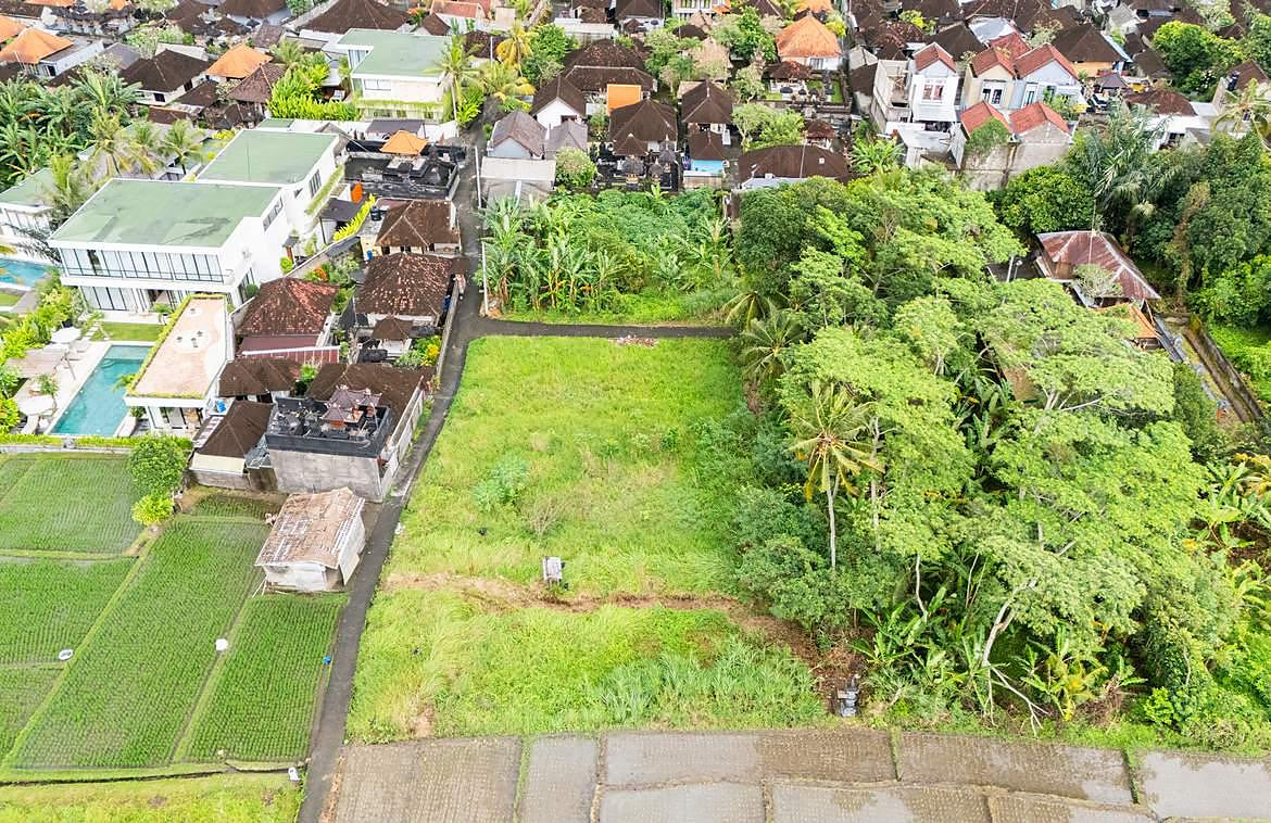 Aerial view showing the plot in the context of the village