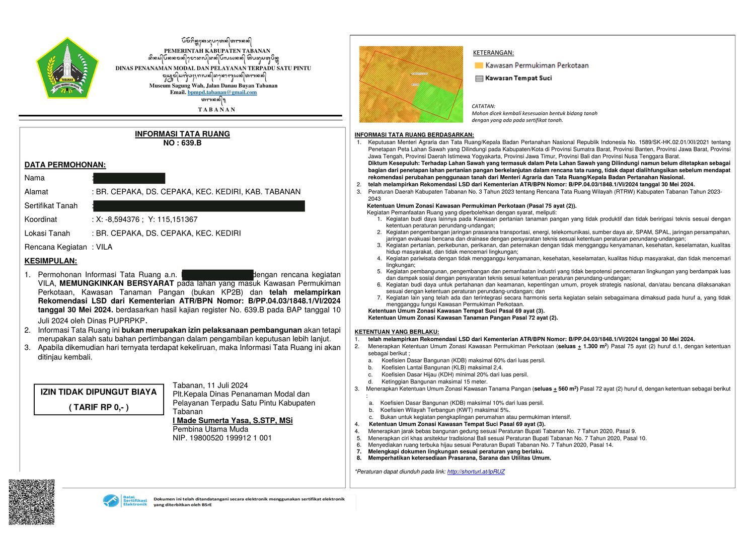 Informasi Tata Ruang No. 639.B issued by DPMPTSP Kabupaten Tabanan